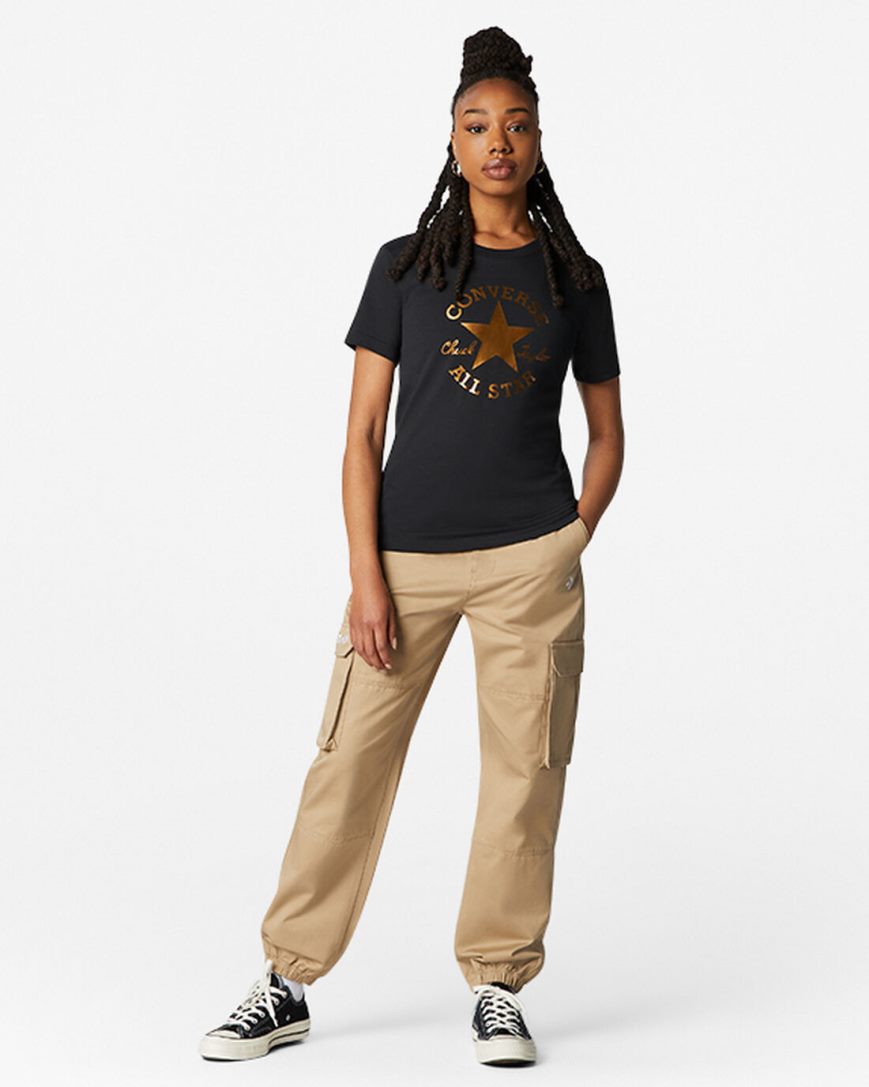 Women's Converse Metallic Chuck Taylor Patch Classic Fit T-Shirts Black | AU 90C45I